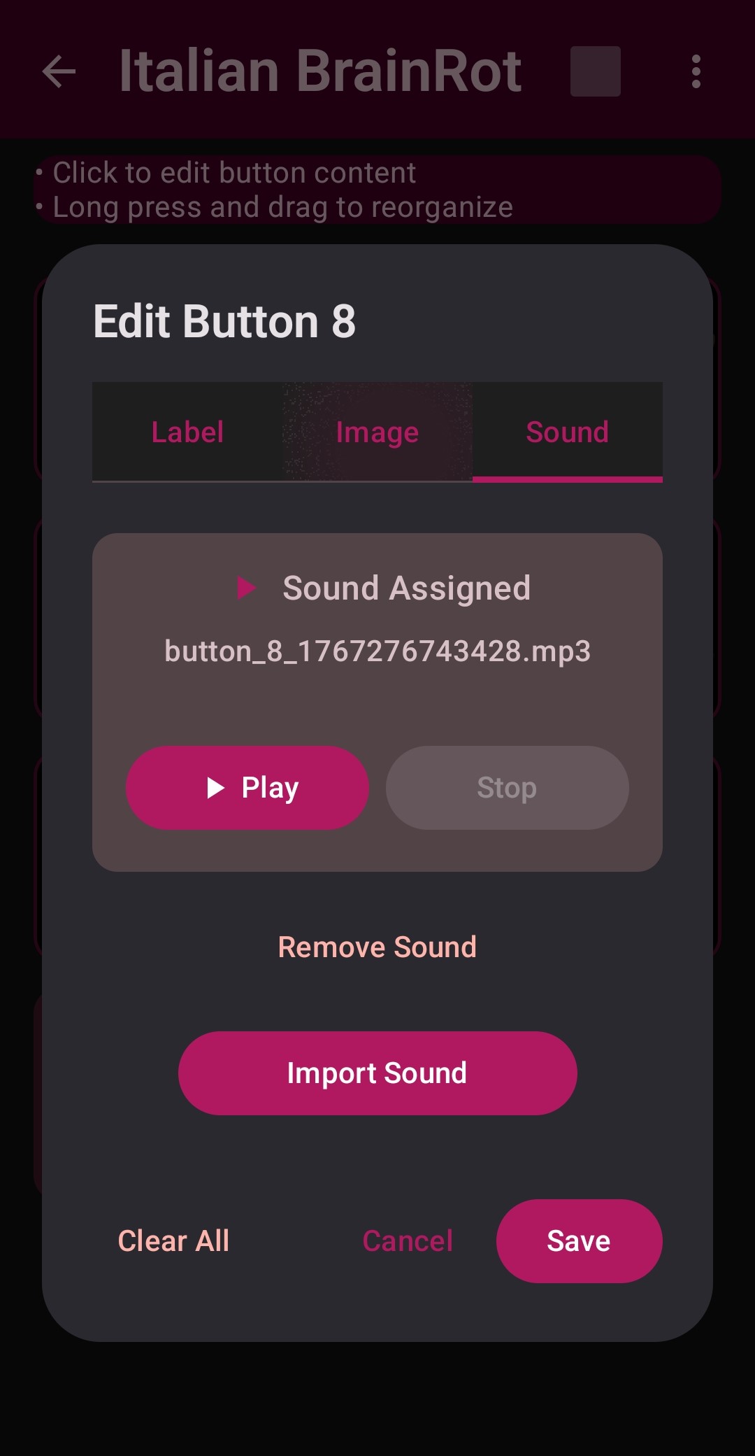SonicBloom Edit popup for Button Sound